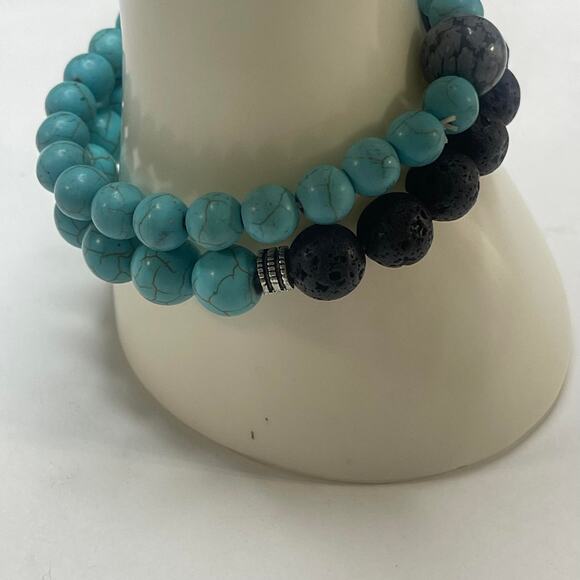 Set of two stretch bracelets beaded turquoise colored blue charcoal gray stones - Picture 3 of 7
